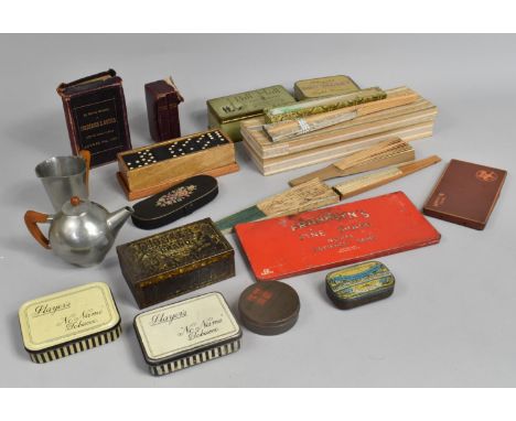 A Collection of Sundries to Include Decorated Fans, Tobacco Tins, Teapot and Cream Jug, Six Spot Dominoes etc 
