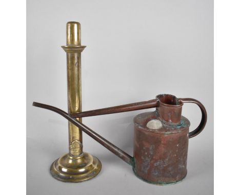 A Vintage Copper Watering Can together with a Reflector Lamp Base by Barrett and Sons, Missing Top 