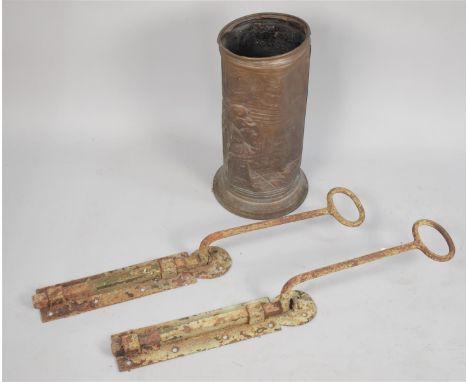 Two Heavy Barn Door Lock Catches Together a Brass Cylindrical Stick Stand 