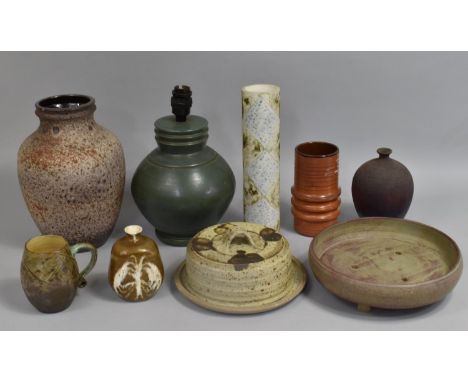 A Collection of Various Studio Pottery to Include Lamp Base, Sleeve Vase, Dish and Cover, Bottle Vase, Barrel Mug with Scroll