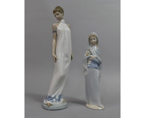 A Lladro Figure of Maiden Carrying Flowers and a Nao Figure of Lady in Dress 