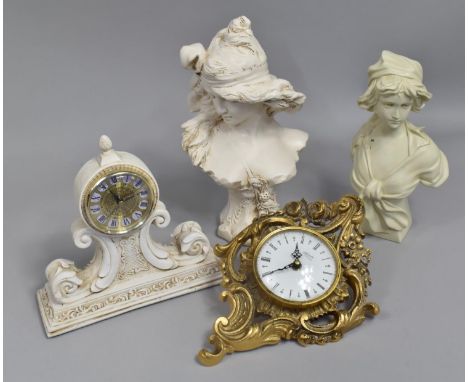 A Cast Bust of Nymph Maiden, a Resin Cast Mimi Bust After Raymond Pierre Dupont, an Ornate Gilt Metal Wall Clock and a Resin 