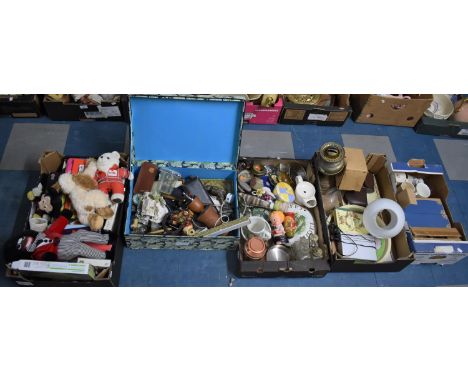 Five Boxes of Various Sundries to Comprise Commemorative China, Oil Lamp, Cruet, Ornaments, Vintage a Later Toys and Games et