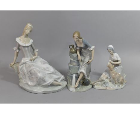 Three Spanish Ornaments, Large Lladro Figure of Reclining Maiden,  Nao Figure of Water Carrier by Fountain, Nao Figure Group 
