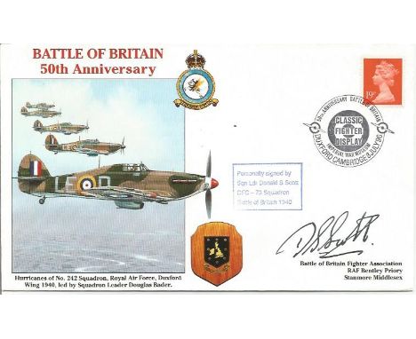 Sqn. Ldr. Donald Scott DFC Nos. 73, 274 &94 Sqns. Battle of Britain WW2 fighter pilot signed cover. 50th Anniversary Battle o