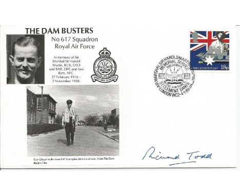 Richard Todd signed Dam Busters, No.617 Squadron, Royal Air Force. Cover design: Scene from the 1953 film, Gibson walks from 