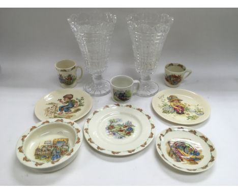 A pair of Waterford crystal vases plus some Bunnykins plates and cups and a pair of Poole pottery plates.