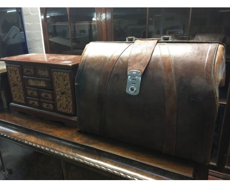 A painted continental stool a carved wood jewellery box and a vintage leather gents or doctors case. (3)