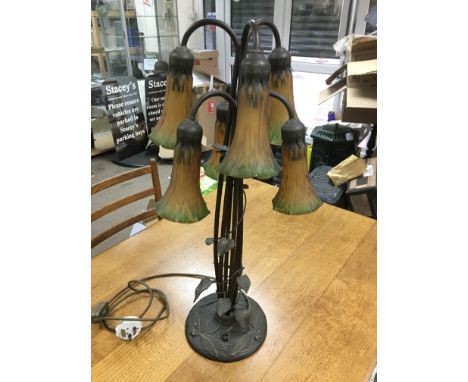 A six branch table lamp of naturalistic form with coloured glass shades, approx 67cm - NO RESERVE