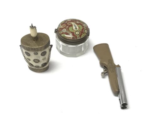 Unusual round bone and brass scent bottle with stopper, glass pin box with decorated lid and blue glass and small gun lighter