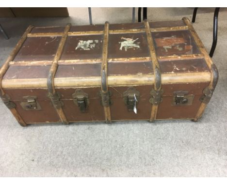 A larger wooden bound travelling trunk, approx 91cmx54cm - NO RESERVE