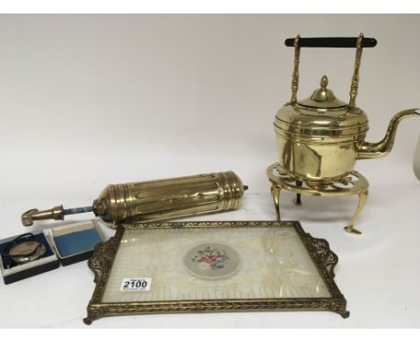 A brass and glass tray a brass trivet kettle and a vintage fire extinguisher - NO RESERVE
