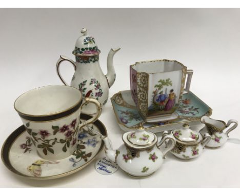 A Collection Of ceramics including Royal Worcester cup and sauce, Dresden cup and saucer, miniature tea set and a miniature W