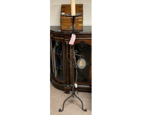 An arts and crafts style wrought iron standard lamp. 173cm.