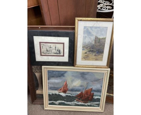 A box of mixed pictures including a John Archibald Webb RBA (1866-1947) titled On the Quay at Bruges, a Pair of gilt framed h