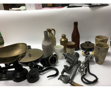 A mixed collection of kitchen paraphernalia including vintage scales and a collection of tools as pictured including Batterse