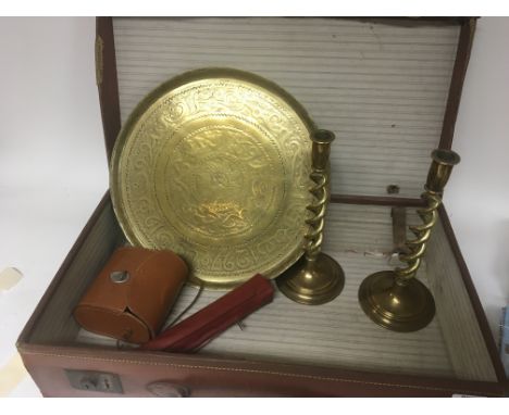 A Vintage leather case containing brass candle sticks a brass tray binoculars and oddments (a lot) - NO RESERVE