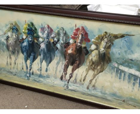 A collection of limited edition horse racing prints and an oil painting of a horse race (a lot)
