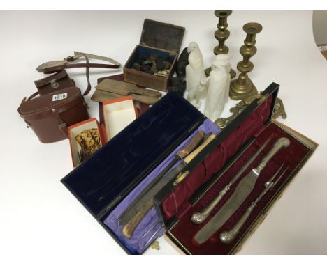 A collection of oddments cased carving sets with horn handles binoculars camera brass ware vintage hair clips (a lot) - NO RE
