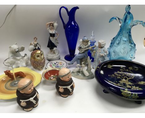 A Collection of ceramics including Nao, Royal Dux, a Royal crown Derby owl paperweight, Goebel, a pair of matching red vases 