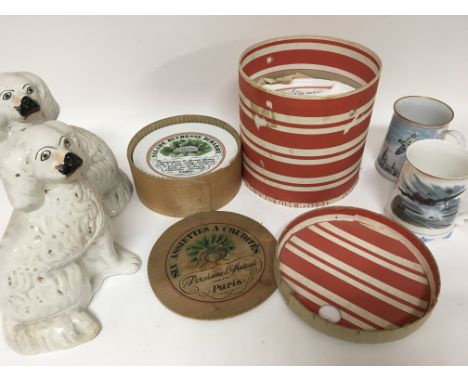 Two vintage French containers with serving dishes a pair of Staffordshire dogs and two RAF commemorative mugs (a lot) - NO RE