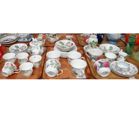 Four trays of china to include: Roy Kirkham English fine bone china 'Redoute Roses' teaware comprising; teacups and saucers, 