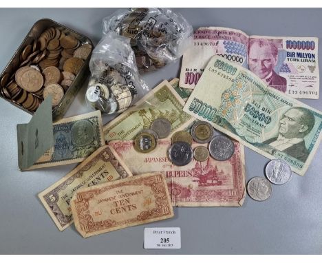 Box of assorted GB and foreign coinage, banknotes including The Japanese Government 10 Rupees etc. (B.P. 21% + VAT)  There is
