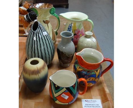 Tray of china jugs and vases to include: Art pottery, Myott Sons & Co, Canford, Beswick etc. (B.P. 21% + VAT) Myott jug - som