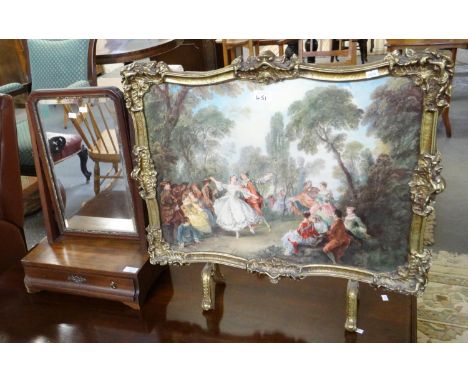 19th century mahogany single drawer bevelled toilet/bedroom swivel mirror together with a Rococo gilt framed firescreen with 