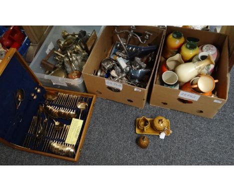 Three boxes of assorted items to include: cased bronze cutlery set, various vases; Crown Ford, blush ivory, The Foley Faience