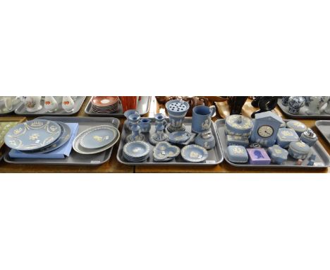 Three trays of Wedgwood Jasperware items to include: collectors plates, other plates, trinket trays and boxes, ashtrays, cand