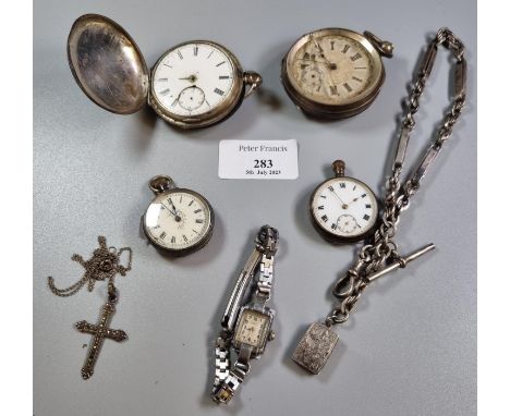 Collection of silver open faced and fancy fob watches, early 20th century, cocktail watch, pendant on chain, silver T bar poc