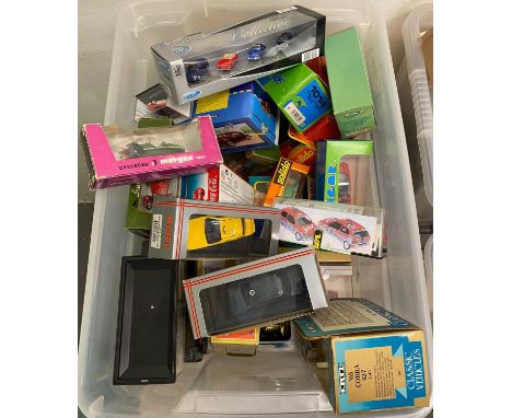Plastic box of assorted diecast model vehicles, to include: Welly 1:87 HO Premium collection, Schabak Models, Solido, Ertl et