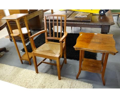 Collection of furnishing items, to include: late Victorian rosewood inlaid lamp table with under tier, early 20th century oak