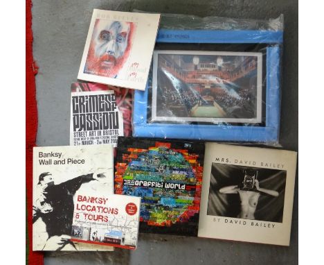 Box of Art books and associated items to include: 'Banksy Locations and Tours' book, signed Bob Reeves 'My Blood my Earth', '