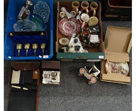 Two boxes of assorted items to include: ceramic cars, Staffordshire fireside seated Spaniels, character jugs, moulded ceramic