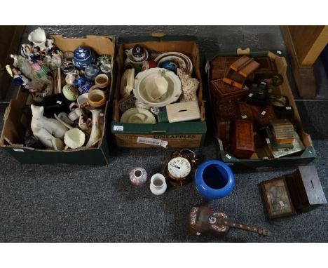 Three boxes of assorted items to include: various wooden boxes; jewellery boxes, cigarette boxes, piano shaped and other mone