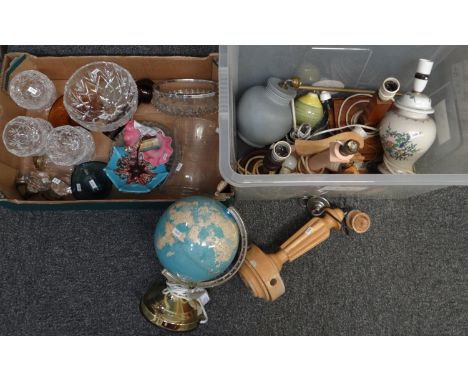 Three boxes of assorted items to include: various table lamp bases, illuminated globe, ginger jar converted into a lamp, ceil