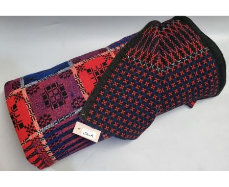 Vintage woollen Welsh tapestry blue and red ground geometric design blanket or carthen. (B.P. 21% + VAT) 