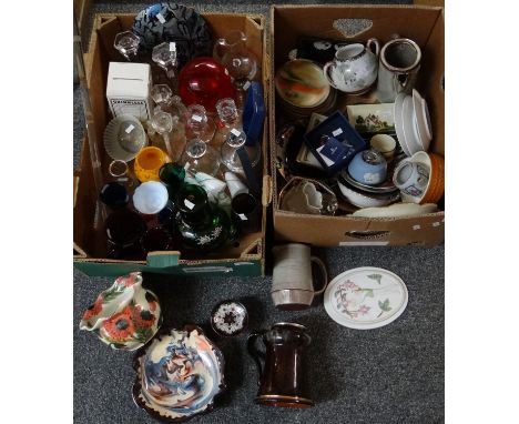 Two boxes of mostly china and glass to include: slipware, Gwili pottery jardiniere, metal topped tankard, Creigiau milk jug a