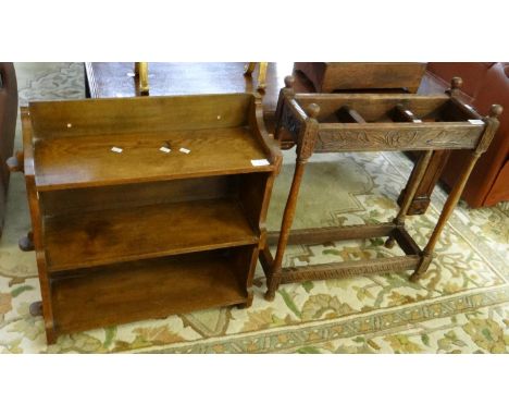 Early 20th century carved oak stick stand together with an early 20th century Arts &amp; Crafts design oak shelving/wall rack