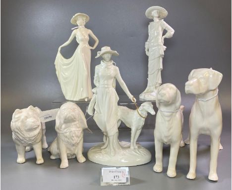 Two Royal Worcester blanc de chine figurines to include: 'Dolly 1921' and 'Strolling in Satin', a Coalport blanc de chine 'La