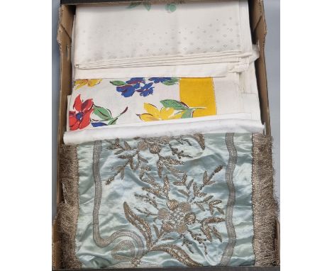 Box of assorted vintage textiles to include: silk silver wire embroidered runner, various printed and damask tablecloths etc.