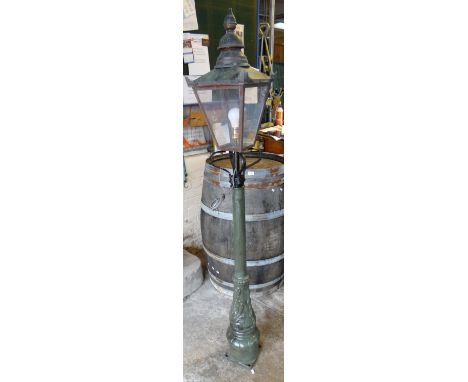 Vintage painted cast iron outside standard lamp with copper verdigris shade and glass panels.   (B.P. 21% + VAT) 