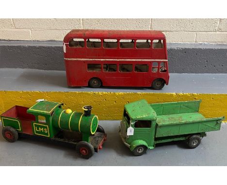 Collection of vintage metal vehicles, to include: double decker bus, tip-up truck/lorry and LMS steam engine.  (3)  (B.P. 21%