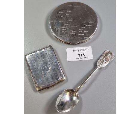 Art Deco design engine turned ladies Danish silver compact, together with a Chinese white metal teaspoon and a silver engine 