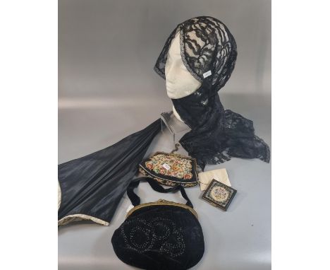 Small box of ladies early 20th/late 19th Century fashion accessories to include: a black silk parasol with cream silk trim an