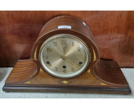 Early 20th Century mahogany three train hat shaped mantel clock.(B.P. 21% + VAT) 