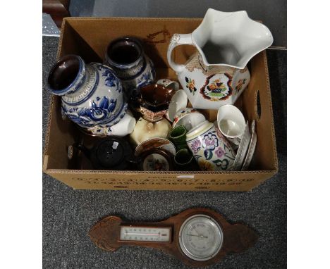 A box of assorted items, mostly china to include: Corona ware 'Windsor' design jug, Poole pottery vase, small wooden mounted 