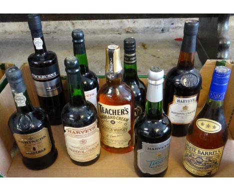Collection of alcohol to include: Teacher's Highland Cream Scotch Whisky, Harvey's Bristol Cream, Cockburn's Port etc.  (9)  